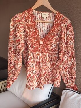 Sezane Vadim Red and Cream Paisley V-Neck Smocked Blouse